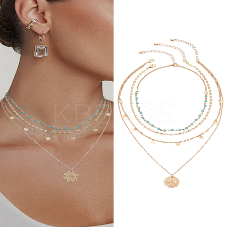 1Pc Bohemian Alloy Flat Round Pendant Multi Layered Necklaces for Women NJEW-LP0001-64-1