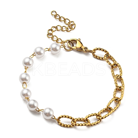 Ion Plating(IP) 304 Stainless Steel Paperclip & Plastic Pearl Beaded Chain Bracelet BJEW-E088-04G-1