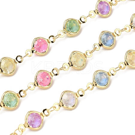 Colorful Handmade Flat Round Brass with Glass Link Chains CHC-K017-03G-1
