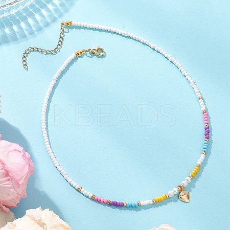 Valentine's Day 304 Stainless Steel Heart Pendant Glass Seed Beaded Necklaces for Women NJEW-MZ00146-02-1