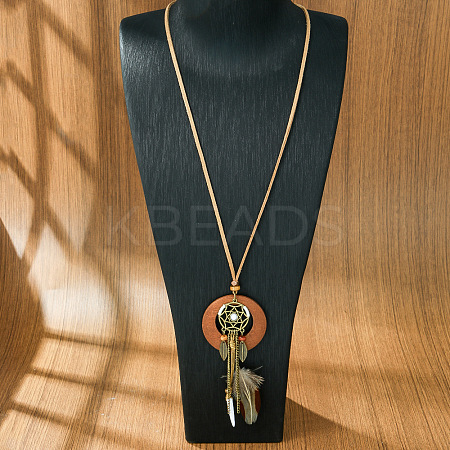 Bohemian Alloy & Wood Woven Web/Net with Feather Tassel Pendant PU Leather Cord Necklaces for Women FS-WG8596C-05-1