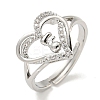 Heart with Letter Rack Plating Brass Micro Pave Clear Cubic Zirconia Adjustable Rings for Women RJEW-I105-01P-F-1