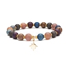 Natural Agate Round Beaded Stretch Bracelet with Brass Star Charm BJEW-JB08647-1
