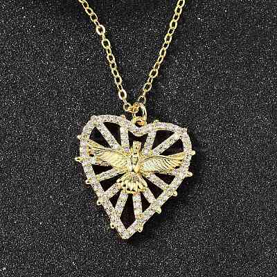 Brass Micro Pave Clear Cubic Zirconia Bird Heart Pendant Necklaces for Women NJEW-D311-01A-G-1