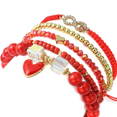 5Pcs 5 Style Glass & Brass Beaded Stretch Bracelets Set BJEW-TA00298-1