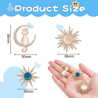 3Pcs 3 Style Rhinestone Sun & Moon with Cat Enamel Pins JBR077A-1