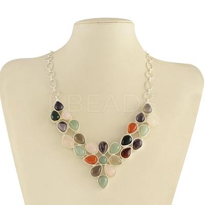 Gemstone Bib Statement Necklaces with Alloy Cabochon Settings and Silver Color Plated Brass Chains  NJEW-R224-07B-B-1