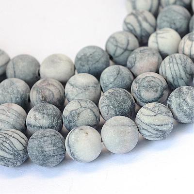 Frosted Natural Black Silk Stone/Netstone Round Bead Strands G-E334-8mm-25-1