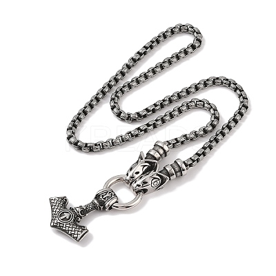 304 Stainless Steel Wolf Head King Box Chain Viking Mjolnir Thor Hammer Pendant Necklaces for Men NJEW-K278-01AS-1
