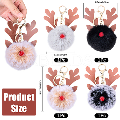 4Pcs 4 Colors Christmas Deer Antler Pom-Pom Keychains KEYC-CL0001-25-1