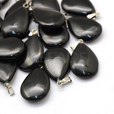Teardrop Natural Black Stone Pendants G-Q368-13-1