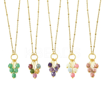 Natural Mixed Gemstone Faceted Cube Beaded Tassel Pendant 304 Stainless Steel Satellite Chain Necklaces for Women NJEW-JN06447-1