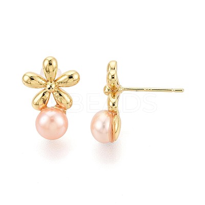 Flower Brass Natural Pearl Stud Earrings PEAR-N017-07E-1