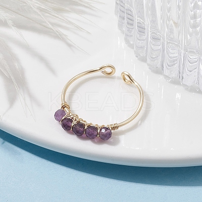 Copper Wire Wrapped Natural Amethyst Open Ring RJEW-JR00630-02-1