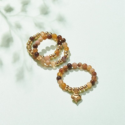 3Pcs 3 Style Natural Gemstone & Brass Beaded Finger Rings with 304 Stainless Steel Heart Charms for Women RJEW-JR00470-1