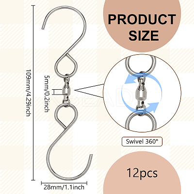 12Pcs 201 Stainless Steel Swivel S Hooks FIND-FG0003-65-1