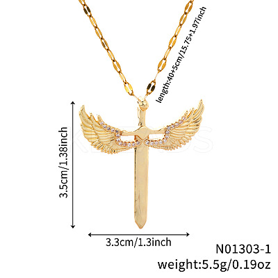 Brass Clear Cubic Zirconia 3D Cute Wing Sword Pendant Necklaces for Daily Wear GF5627-1-1