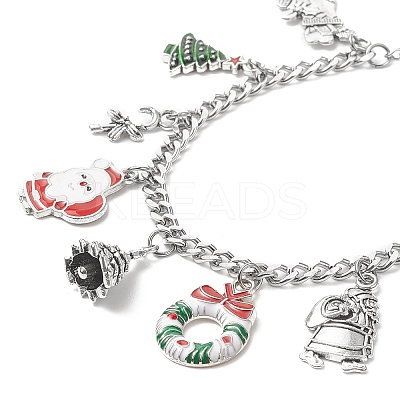 Christmas Tree & Deer & Wreath & Santa Claus Alloy Enamel Charm Bracelet BJEW-TA00252-1