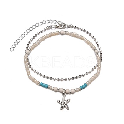1Pc Starfish Alloy Charm Glass Seed Beaded Stretch Anklets and 1Pc Alloy Ball Chain Anklets FS-WGED47C-01-1