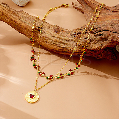 304 Stainless Steel Siam Rhinestone Heart Pendant Cherry Link Chain Double Layer Necklaces for Women NJEW-B132-01G-1