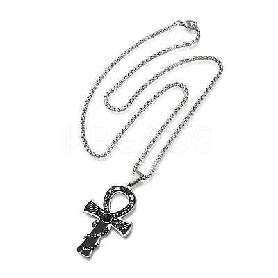 201 Stainless Steel Pave Natural Tiger Eye Ankh Cross Pendant Box Chain Necklaces STAS-D196-04P-1