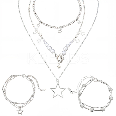 Zinc Alloy Star Pendant Layered Necklaces & Multi-strand Bracelets for Women SJEW-SC0001-03-1