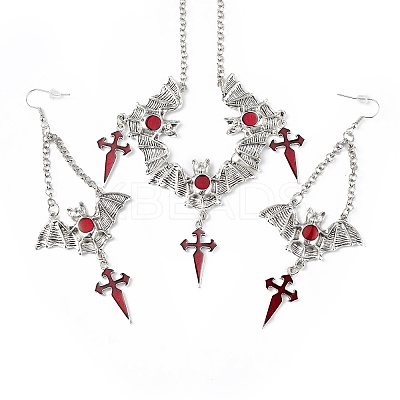 FireBrick Enamel Bat with Cross Pendant Necklace & Dangle Earrings SJEW-G081-03AS-1