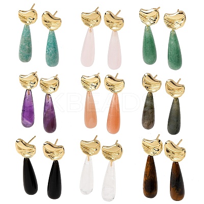 Natural Mixed Stone Teardrop Dangle Stud Earrings EJEW-P320-01G-M-1