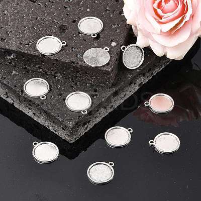 Tibetan Style Antique Silver Alloy Flat Round Pendant Cabochon Settings TIBEP-M022-29AS-1