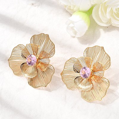 Flower Brass Micro Pave Cubic Zirconia Stud Earrings EJEW-F391-07G-03-1