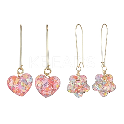 2 Pairs 2 Styles Heart & Flower Resin Dangle Hoop Earrings EJEW-JE06352-1