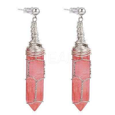 Cherry Quartz Glass Double Point Bullet Dangle Stud Earrings EJEW-PH01406-01-1
