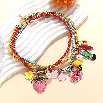 3Pcs 3 Styles Alloy Enamel Strawberry Cactus Flower Pendant Cotton Cord Necklaces for Women NJEW-F357-02KCG-1