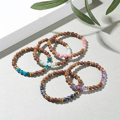 Natural Wenge Wood & Gemstone Round Beaded Stretch Bracelet for Women BJEW-JB07544-1