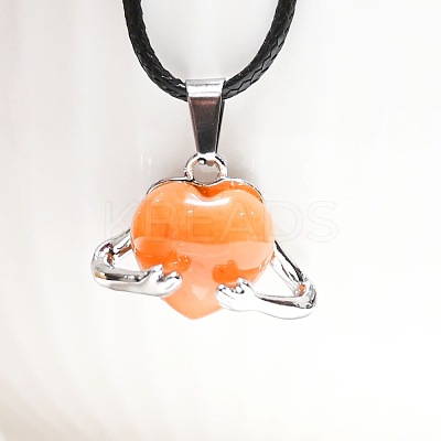 Natural Topaz Jade Heart with Metal Hands Pendant Necklaces FX8013-3-1