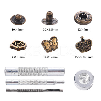 18 Sets Crown & Bowknot & Rose Flower Brass Leather Snap Buttons Fastener Kits SNAP-YW0001-05AB-1