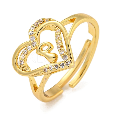 Heart with Letter Rack Plating Brass Micro Pave Clear Cubic Zirconia Adjustable Rings for Women RJEW-I105-01G-P-1