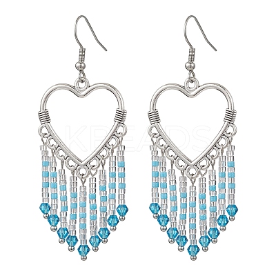 Hollow Heart Alloy & Glass Seed Beads Tassel Chandelier Earrings EJEW-MZ00685-01-1