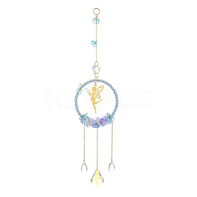Teardrop Flower Glass & Acrylic Beads Suncatcher with 201 Stainless Steel Fairy Pendants HJEW-JM04988-02-1