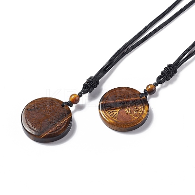 Natural Tiger Eye Flat Round with Tree of Life Pendant Necklace with Nylon Cord for Women NJEW-P274-03-01-1