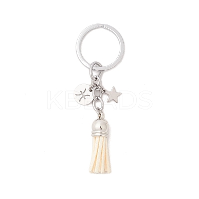 12Pcs Twelve Constellations 304 Stainless Steel Charm & Faux Suede Tassel Keyachins KEYC-JKC01309-1