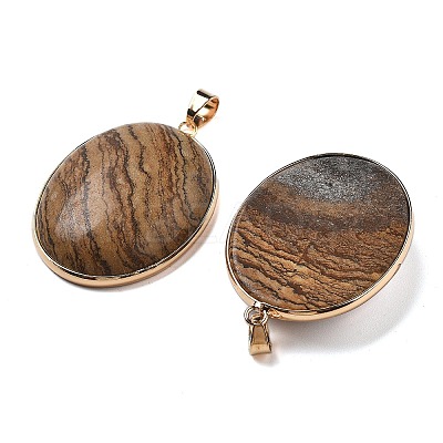 Electroplate Natural Picture Jasper Pendants KK-F882-06G-02-1