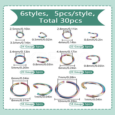 30Pcs 6 Styles 304 Stainless Steel Open Jump Rings STAS-LP0001-61-1