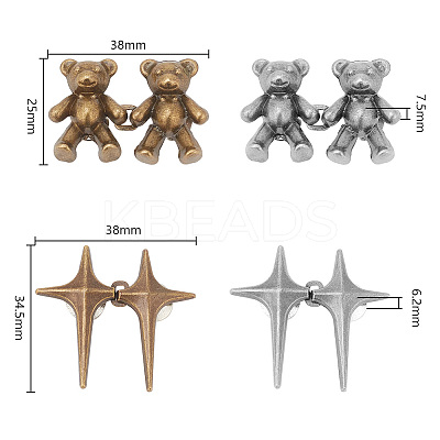 8Pcs 4 Style 4 Pointed Star & Bear Alloy Adjustable Jean Button Pins AJEW-DR0001-33-1