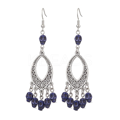 Halloween Skull Dyed Synthetic Turquoise & Alloy Dangle Earrings EJEW-JE05890-04-1