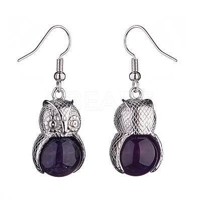 Natural Amethyst Owl Dangle Earrings EJEW-A092-08P-13-1