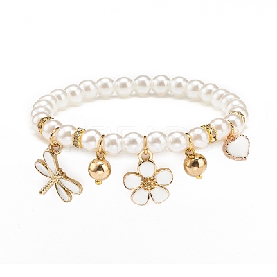 ABS Plastic Imitation Pearl Beaded Stretch Bracelet with Alloy Enamel Charms for Kids BJEW-JB08524-1