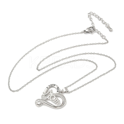 Mother's Day Brass Micro Pave Clear Cubic Zirconia I Love You Mom Heart Pendant Necklaces for Women LS-NJEW-C085-01D-P-1