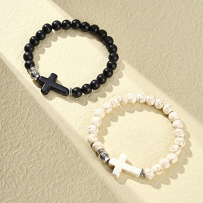 2Pcs 2 Color Dyed Synthetic Turquoise Cross & Alloy Beaded Stretch Bracelets Set BJEW-YW00002-02-1