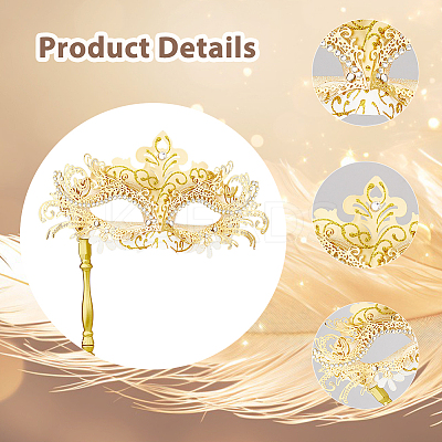 Plastic Rhinestone Masquerade Masks with Alloy Holding Stick AJEW-WH0270-891B-1